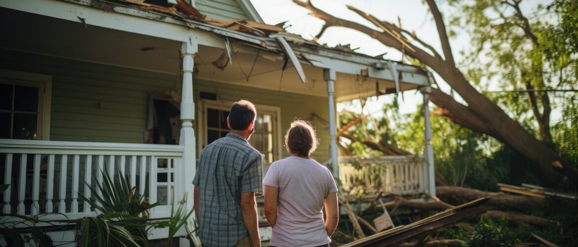 Couple stands by their damaged home with a fallen tree on the roof