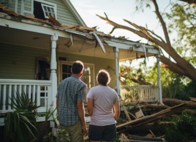 Couple stands by their damaged home with a fallen tree on the roof